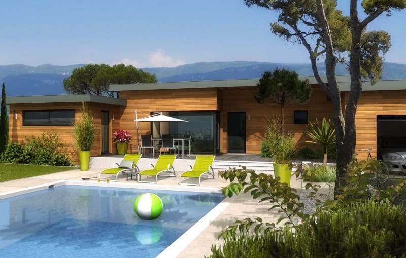 maison ossature bois avec piscine et transats verts par ACADIE construction maison bois contemporaine